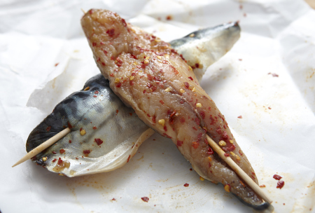 Grilled Mackerel fillets on skewers