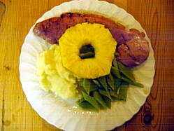 Barbecue Gammon Steak Served With Garlic Mash and Green Beans