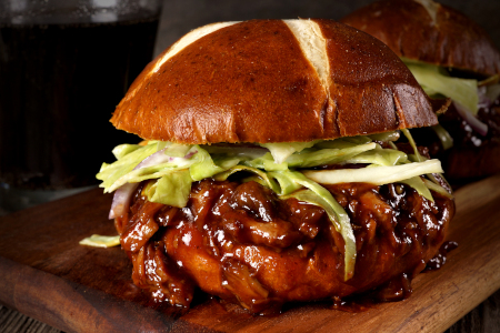 This burger is smothered in cola bbq sauce