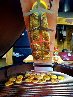 Kamado Cooking With A Fish Plank