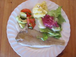 Cedar Plank Grilling Fish Served With Salad And Crushed New Potatoes