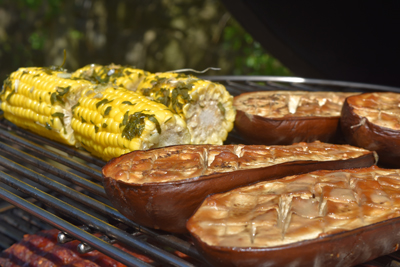 My miso smoked aubergine with corn in parley and garlic butter