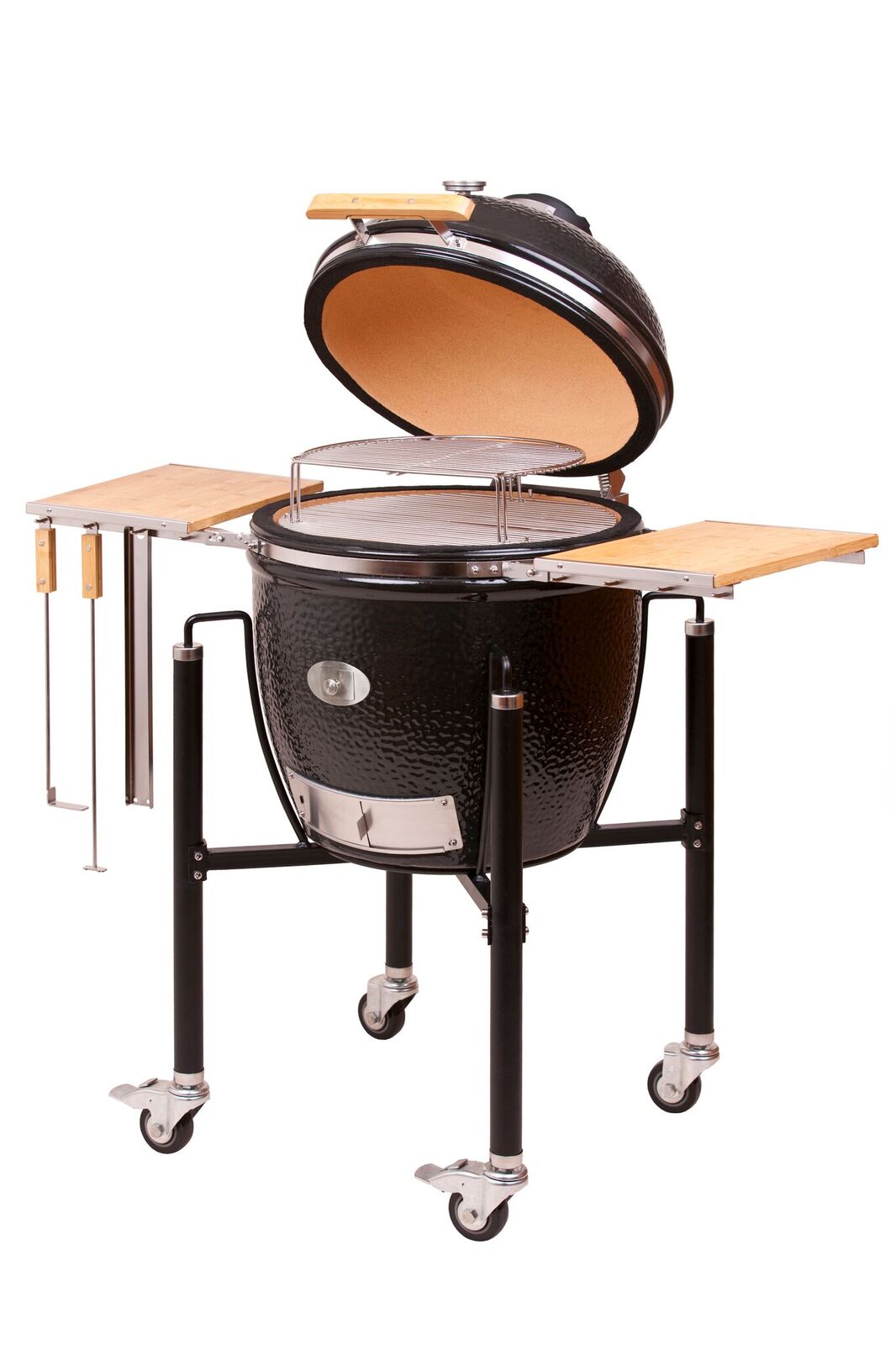 Monolith Classic kamado in black with cart and side shelves