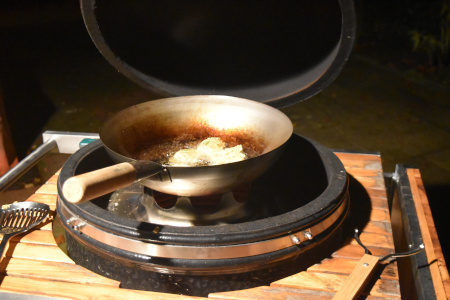 Cauliflower pakora cooking in the Monolith wok