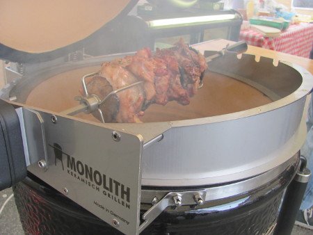 Chicken and mushroom layers on the Monolith rotisserie