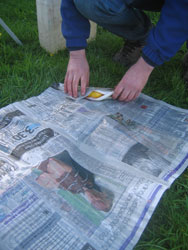 The trout is wrapped in newspaper